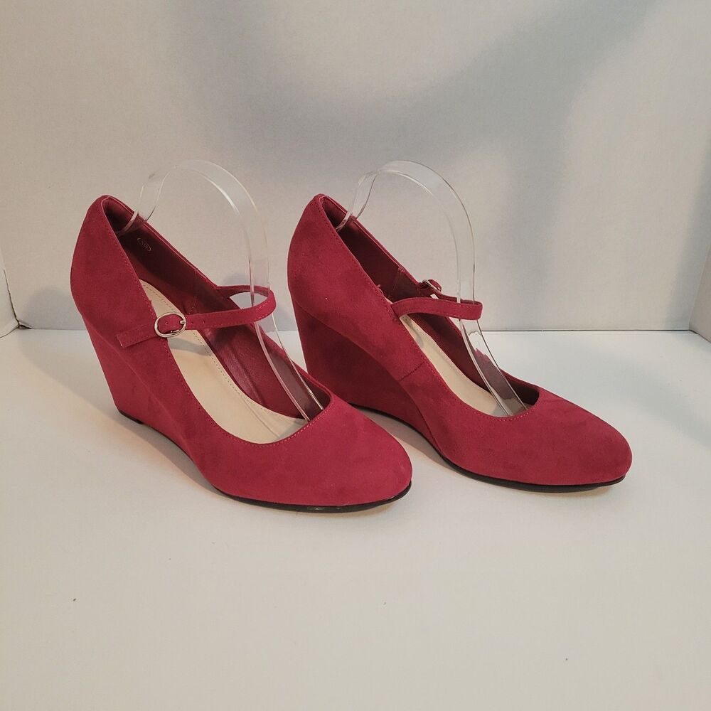 Coutgo Women’s Size 10 Red Mary Jane Wedge Heels Faux Suede Shoes